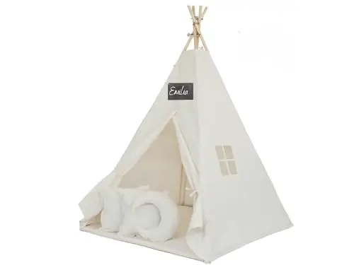 Tipoo®– Tipi Zelt für Kinder beiges, Kissen, Matte, Stabilisator, Fenster mit Vorhang, Kreidetafel zur individuellen Gestaltung