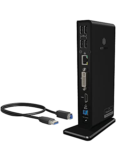 ICY BOX Notebook DockingStation mit USB 3.0 für 2 Monitore, HDMI, DVI, USB Hub, LAN, Schwarz