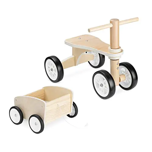 Navaris Lauflernrad aus Holz mit Anhänger - Laufrad für Kinder ab 18 Monate - Rutschauto Holzlaufrad Rutscher - 4 Räder Baby Fahrrad Rutschfahrzeug