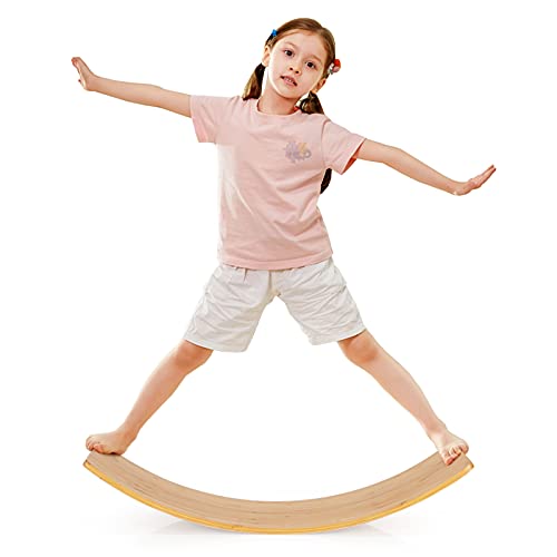 COSTWAY 90 x 30cm Balance Board, Balancierbrett aus Bambus, Wackelbrett bis 150kg belastbar, Kurviges Board für Kinder und Erwachsene