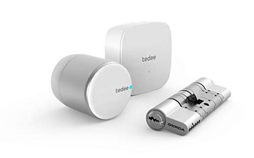tedee Set + Bridge, zertifizierter GERDA-Zylinder, Bluetooth-/Wi-Fi-Router, USB-Ladegerät, USB-Ladekabel mit magnetischem Adapter, Steuerung über Smartphone oder Apple Watch