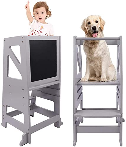 Dripex Lernturm ab 1 Jahr +, Montessori Lernturm mit Tafel Für Kinder Baby, Höhenverstellbar Der Tritthocker mit Sicherheitsschiene (Grau-Classic)