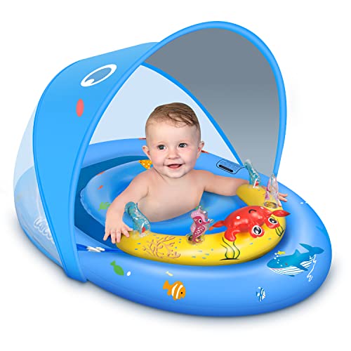 LAYCOL Schwimmring Baby mit UPF50+ Sonnenschutzdach & Spielzeug, Schwimmhilfe Baby für den Pool, Verstellbarer Sicherheitssitz, Kleinkind Pool Schwimmring für 6-36 Monate (Blau)