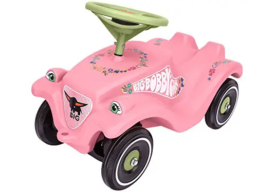 BIG-Bobby-Car Classic Flower - Kinderfahrzeug mit Blumenaufklebern für Jungen und Mädchen, belastbar bis zu 50 kg, Rutschfahrzeug für Kinder ab 1 Jahr, pastell rosa, grün