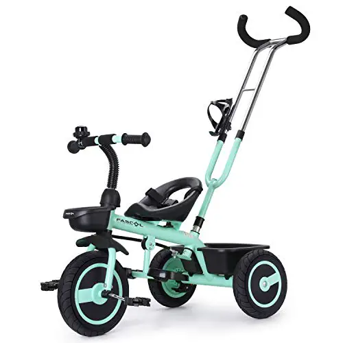 Fascol Kinder Dreirad mit Lenkbarer Schubstange 2 in 1 Kinderdreirad Baby Kinderwagen mit Flüsterleise Gummireifen Belastbarkeit bis 30 kg (Hellgrün)
