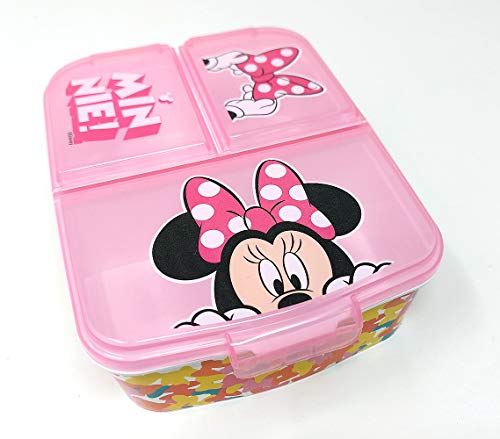 Minnie Maus Kinder Brotdose mit 3 Fächern, Kids Lunchbox,Bento Brotbox für Kinder - ideal für Schule, Kindergarten oder Freizeit