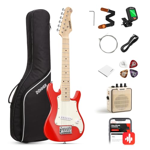 Donner E-Gitarre Set Anfänger Junior Kit ST-Stil 30 Zoll Mini Gitarren Premium Bundle mit Verstärker, Stimmgerät, Kapodaster, Tasche, Gurt, Saite, Kabel (DSJ-100, Rot)