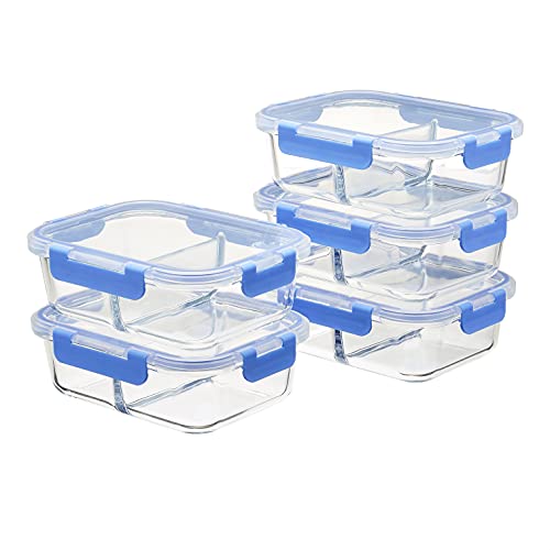Amazon Basics Meal-Prep-Behälter aus Glas mit Unterteilung, 1065 ml, 10-teiliges Set, 5 Behälter und 5 BPA-freie Deckel, klar mit blauem Silikonstreifen