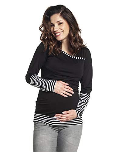 Be Mama - Maternity & Baby wear Umstandsshirt aus Baumwolle mit Stillfunktion, Modell: Monic (Langarm/schwarz-Streifen, S-M)