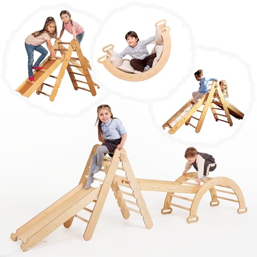 Goodevas 4 in 1 Montessori Indoor Klettergerüst Set für Kinder - Holz Pikler Dreieck, Rundbogen & Kletterrampe & Netz Indoor Play Gym für Kinder - Baby Spielzeug Jungle Gym für Kleinkinder Alter 1-3