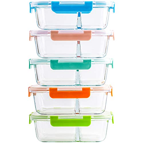 CREST 5-er Set Glas Frischhaltedosen, 2 Fächer, Meal Prep Boxen mit Deckel, Glasbehälter, BPA-frei, perfekt für Meal prep