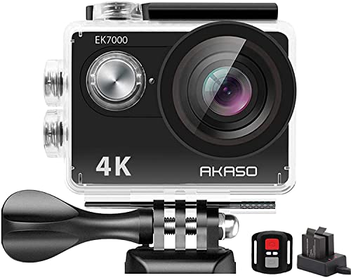 Action Cam 4K AKASO WiFi Action Kamera 30M Unterwasserkamera 170°Ultra Weitwinkel Full HD Sports Kamera mit 16MP 2 Zoll LCD Bildschirm 2.4G Fernbedienung 2x1050mAh Akkus und Zubehör Kit.