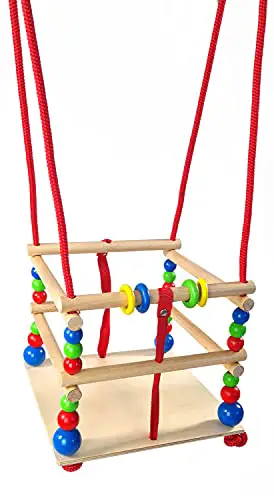 Hess Holzspielzeug 20000 - Gitter-Schaukel aus Holz mit Sprossen, bunten Perlen und Ringen, handgefertigt, für Babys ab 12 Monaten, Schaukelvergnügen im Haus, Garten und auf der Terrasse