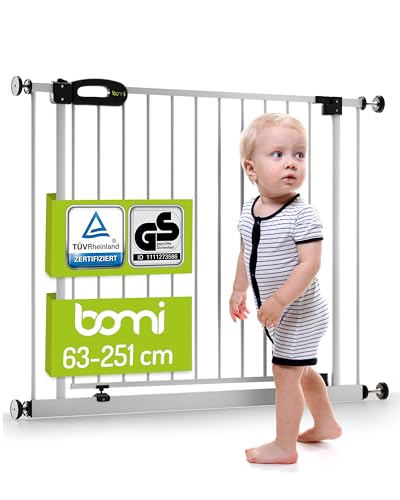 BOMI TÜV & GS Siegel Baby Schutzgitter Treppe Merle 63-251 | Ohne Bohren | 90° Stop | Schließt automatisch | Gittertür aus Metall Weiss | Stabile Baby Schutzgitter Tür für Kindersicherheit