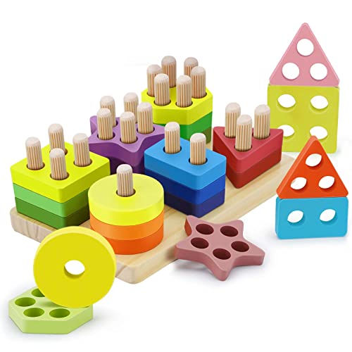 Kizmyee Montessori Spielzeug ab 1 2 3 Jahre, 25pcs Holz Spielzeug, Digitale Bausteine, Formklassifizierung Steckwürfel Sortier & Stapelspielzeug Lernspielzeug Geschenk für Jahre Mädchen Junge