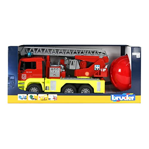 bruder 01760 - Man TGA - Feuerwehrauto mit Licht und Sound, Drehleiter und Kinder-Helm