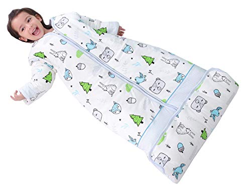 Chilsuessy Winter Schlafsack 3.5 Tog Kinder Schlafsack mit abnehmbaren Ärmeln Bio Babyschlafsack für Jungen und Mädchen von 1 bis 10 Jahre alt (L/Koerpergroesse 100-130cm, Blau Wald)