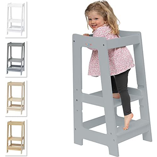 Stepup Baby Montessori Lernturm Kleinkind Trittstufe mit Verstellbarer Höhe und Sicherheitsschiene (grau)