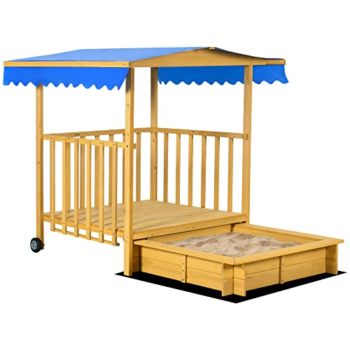 Outsunny Sandkasten mit Dach, Sandkiste aus Holz mit Spielhaus, 133 x 129 x 137,5 cm Sandbox mit Rollen für 3-8 Jahre Kinder, Garten, Natur
