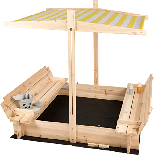 für Dich NEU: needs&wants® Sandkasten aus Holz mit Dach, Abdeckung, Sitzbänke u. Boden könnte bei Dir im Garten Stehen.