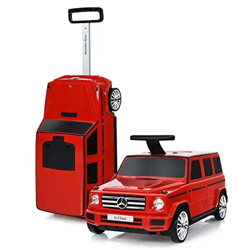 COSTWAY 2 in 1 Mercedes Benz Rutschauto und Kinderkoffer, Kinder Reisekoffer mit klappbarem Griff, Aufsitz Kindergepäck , Spielzeugauto bis 23kg belastbar für Kinder von 2-6 Jahren (Rot)