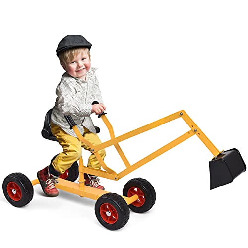COSTWAY Sitzbagger mit 360° drehbarem Sitz, Bagger Spielzeug auf Rollen, Sandkasten Bagger aus Metall, Aufsitzbagger für Kinder von 4-12 Jahren