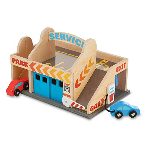 Melissa & Doug Service Station Parking Garage , Wooden Vehicle , Pretend Play , 3+ , Gift for Boy or Girl