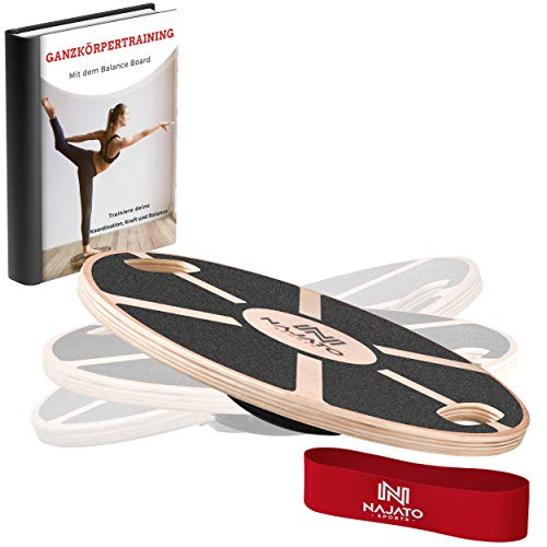 NAJATO Sports Balance Board – Wackelbrett mit rutschfestem gummiertem Standfuß – Gleichgewichtstrainer mit Handgriffen für mehr Übungsmöglichkeiten – Balance Board Holz