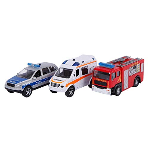 2Play Einsatzfahrzeuge Geschenkset 3fach sortiert (Spritzguss Miniaturfahrzeug, Polizeiauto, Feuerwehrauto und Notarztwagen) - mit Rückzugmotor, Licht und Sound, inkl. Batterie - 510176