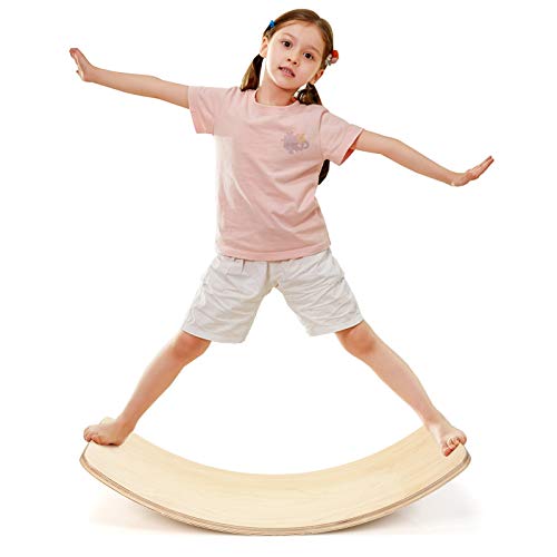 COSTWAY 90 x 30cm Balance Board, Balancierbrett aus Holz, Wackelbrett bis 220kg belastbar, Kurviges Board für Kinder und Erwachsene