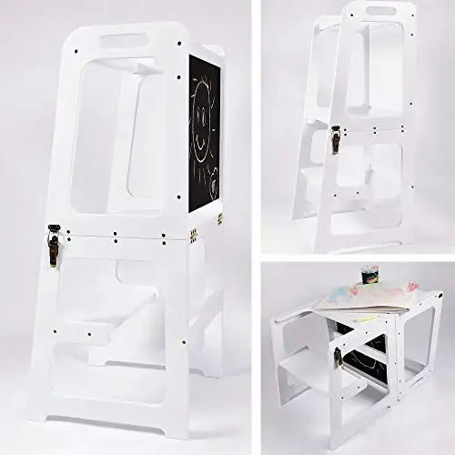 Montessori Lernturm Küchenhelfer 2 in 1, Lernturm ab 1 Jahr, Helper Turm Tisch & Stuhl mit Tafel, Küchenhelfer klappbar (Weiß), 40x42x90cm