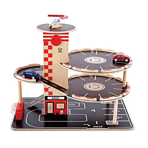 Parkhaus Spielset aus Holz von Hape | Autogarage auf drei Ebenen mit Autos und Hubschrauber