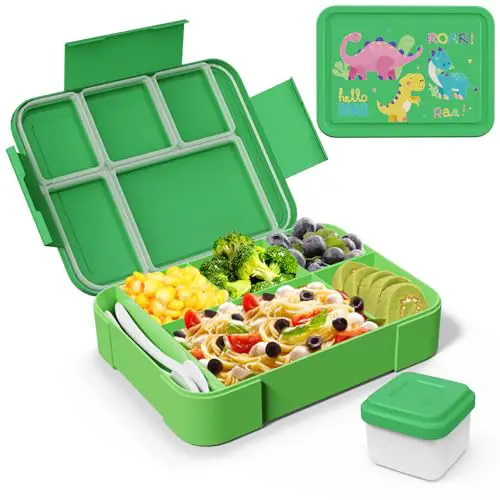 SWOMTEE Brotdose Kinder mit Fächern, 1330ml Lunchbox Kinder mit Dinosaurier Muster Bento Box Brotdose für Kinder, 100% BPA Frei Auslaufsicher Brotbox Jausenbox (Grün)