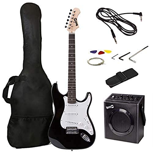 RockJam RJEG01-SK-BK Full Size Electric Guitar Superkit with Guitar Amplifier Guitar Strings Guitar Tuner Guitar Strap Guitar Case and Cable Black