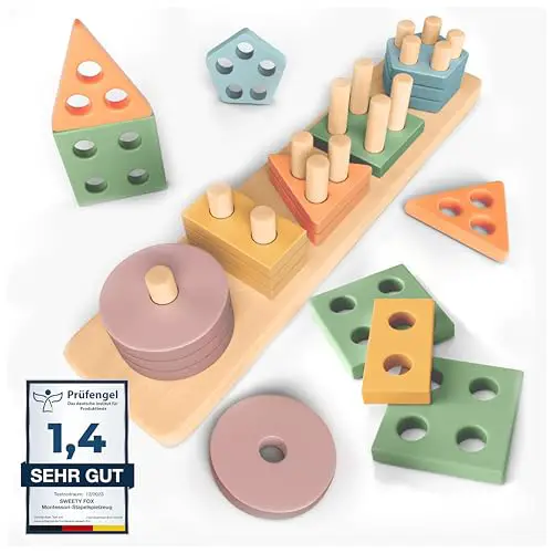 Sweety Fox Montessori Spielzeug ab 1 Jahr - Holz Sortier & Stapelspielzeug, 1 2 3 Jahre -Aktivitäts & Entwicklungsspielzeug aus Holz in Pastellfarben – Montessori - Lernspielzeug für Kleinkinder