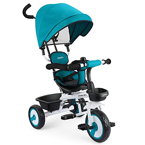 Fascol Baby Dreirad 4 in 1 Kinderdreirad Tricycle für Kinder ab 12 Monate bis 5 Jahren mit Abnehmbarer Sonnendach&Schubstange Dreiräder mit Becherhalter,Blau