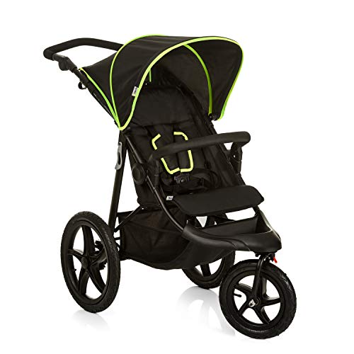 Hauck Kinder Buggy Runner, Große Luftreifen 3 Rad, Bis 25 kg, mit Liegefunktion und Netzfenster, Höhenverstellbar, Zusammenklappbar, Großer Korb, Schwarz Neon Gelb