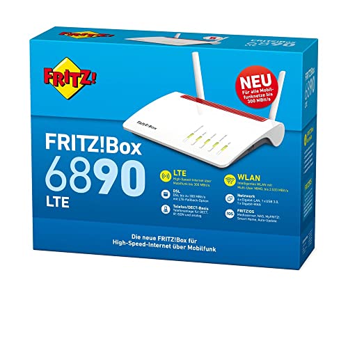 AVM FRITZ!Box 6890 (LTE- oder DSL-Modem, bis 300 MBit/s, WLAN AC+N bis 1.733 (5 GHz) und 800 (2,4 GHz) MBit/s, 4 x Gigabit-LAN), geeignet für Deutschland