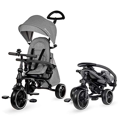 Kinderkraft Dreirad 4 in 1 Jazz, Kinderdreirad, Kinder Fahrrad, Kinderwagen, Klappbar mit Zubehör, Tasche, Klingel, Lenkbarer, Freilauf, Sonnendach, Lenker ab 9 Monate bis 3 Jahre, Grau