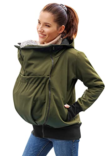 Be Mama - Maternity & Baby wear wasserdichte All-Weather 3in1 - Tragejacke & Umstandsjacke & Damenjacke in einem aus Softshell (Wassersäule: 10.000 mm) (3in1 / Khaki Zip, L-XL)