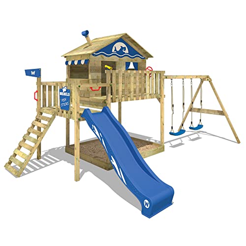 WICKEY Spielturm Klettergerüst Smart Coast mit Schaukel & Blauer Rutsche, Outdoor Kinder Kletterturm mit Sandkasten, Leiter & Spiel-Zubehör für den Garten