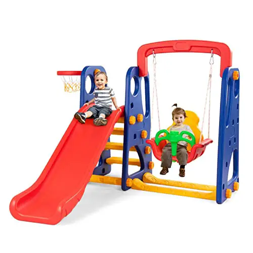 GOPLUS 3-in-1 Kinder Spielplatz, Kinderrutsche Schaukel und Basketballkorb, aus HDPE, mit Haltegriffen, rutschfeste Leiter, mit Abgerundeten Ecken, für Baby & Kleinkinder, für Indoor & Outdoor, Bunt