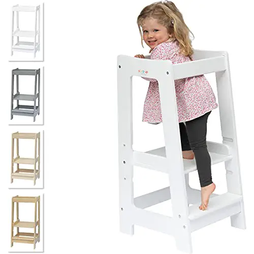 Stepup Baby Lernturm Montessori Küchenhelfer Ständer Verstellbare Kleinkind Stufen mit Sicherheitsschiene Massivholz Weiß