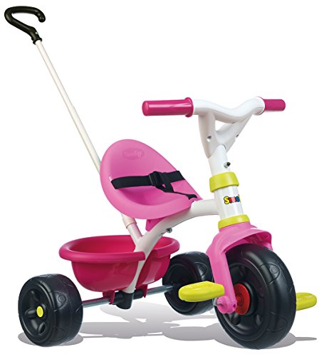 Smoby 740322 – Be Fun Dreirad rosa – Kinderdreirad mit Schubstange, Sitz mit Sicherheitsgurt, Metallrahmen, Pedal-Freilauf, für Kinder ab 15 Monaten