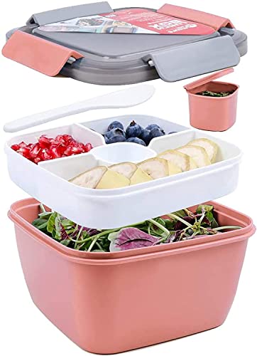 Greentainer Salatbehälter Lunch-Behälter Bento Box für Mittagessen, 3 Fächer für Salat und Snacks, Salatschüssel mit Dressingbehälter, Auslaufsicher, Mikrowellengeeignet 1500 ml Dunkel (Pink)