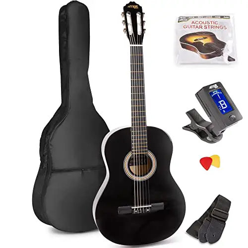 MAX SoloArt - 4/4 Akustik Gitarre für Anfänger Einsteiger Erwachsene - Akustikgitarre inkl. Tasche, Stimmgerät, Plektrum, Gurt und Zubehör - Acoustic, Konzertgitarre in Schwarz