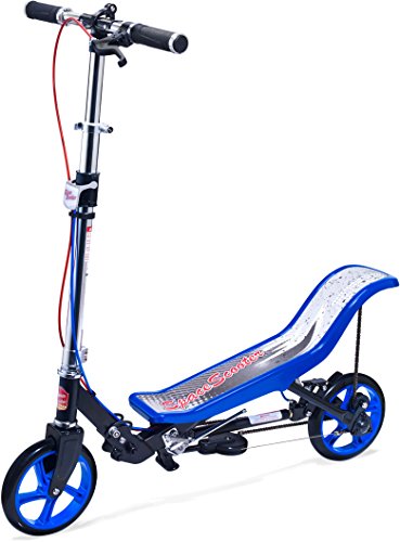 Space Scooter Premium X590, Blau, Tretroller mit Schwungrad, per Luftdruckdämpfer Angetriebener Roller mit Bremsen, Luftfederung, Einfache Faltbarkeit, für Kinder ab 8 Jahren, Blau/Schwarz