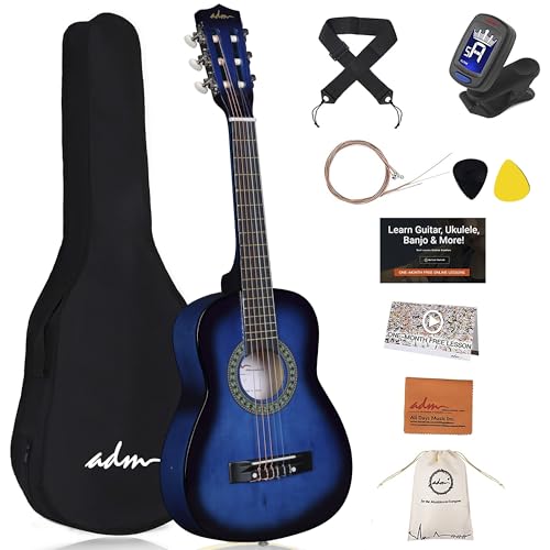 ADM 1/4 Kindergitarre Junior-Konzertgitarre für Anfänger mit Clip-Stimmgerät, Tasche, Gurt, Zusätzlichen Saiten und Plektren, Blau