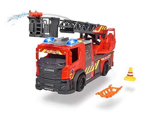 Dickie Toys Scania Drehleiter Feuerwehr, Wasserspritzfunktion, Rosenbauer, Licht & Sound, inkl. Batterien, mit ausziehbarer Drehleiter & Standbeine, 25 cm, rot