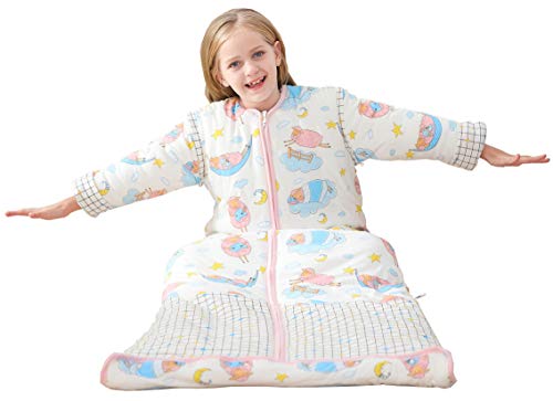 Chilsuessy Winter 3.5 Tog Kinder Schlafsack mit abnehmbaren Ärmeln Bio Babyschlafsack für Jungen und Mädchen von 1 bis 10 Jahre alt (XL (130 - 150 cm), Rosa Schafe)
